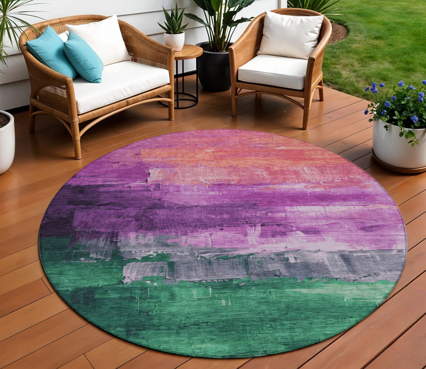 8 Purple Salmon And Green Round Abstract Washable Indoor Outdoor Area Rug