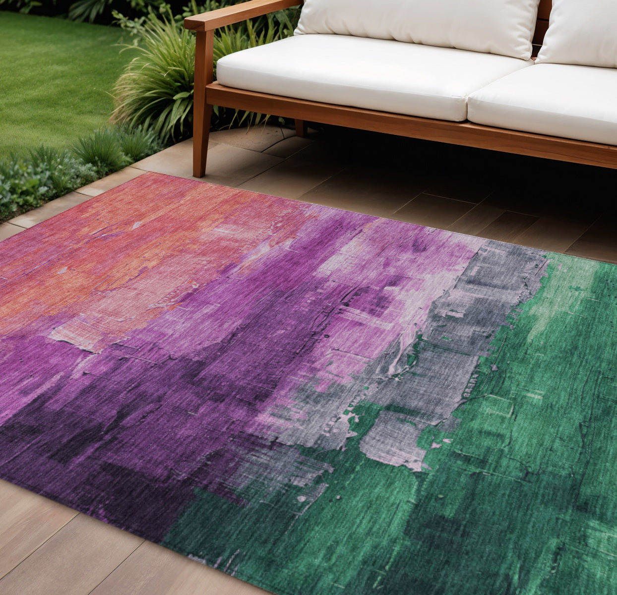 10 X 14 Purple Salmon And Green Abstract Washable Indoor Outdoor Area Rug