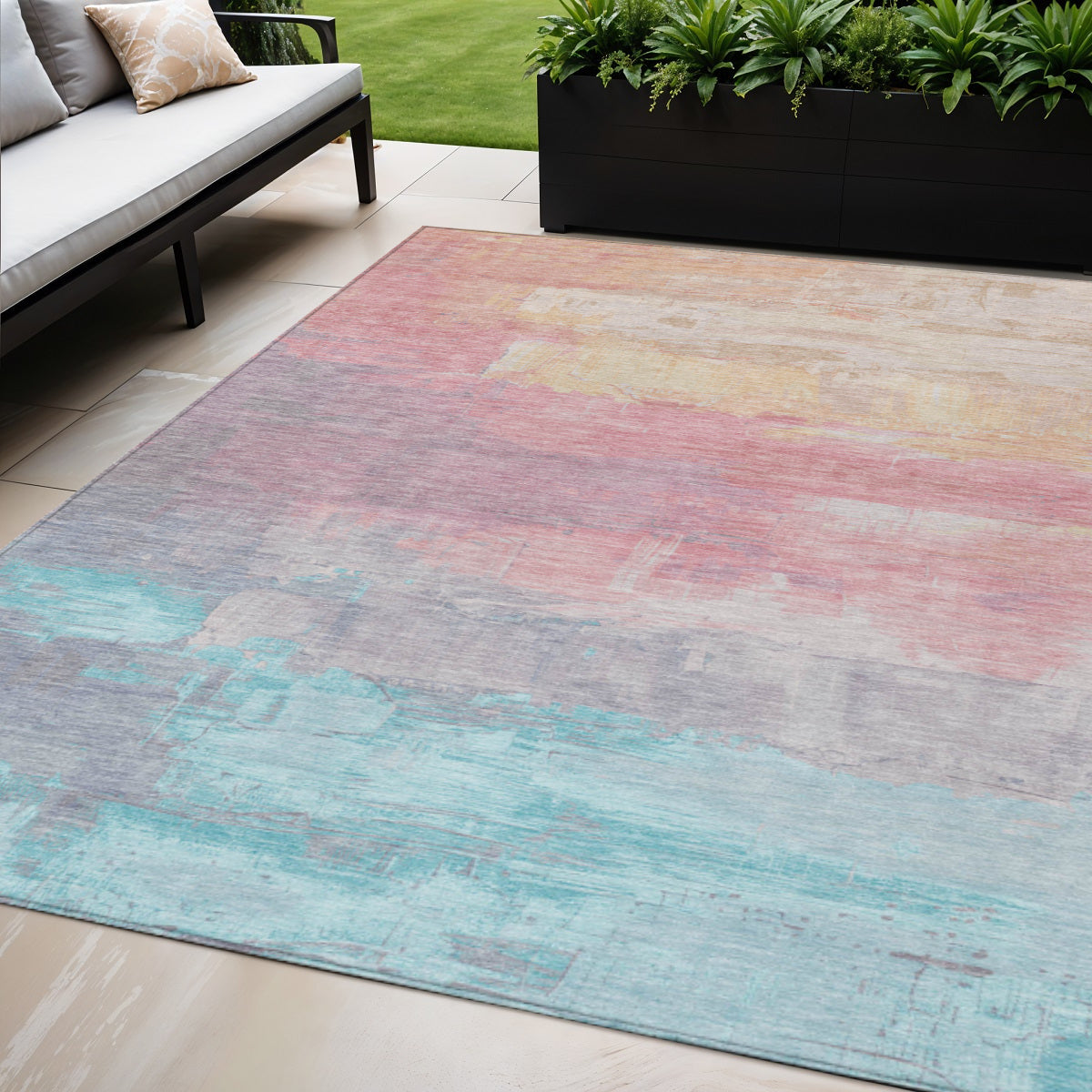 5 X 8 Salmon And Beige Abstract Washable Indoor Outdoor Area Rug