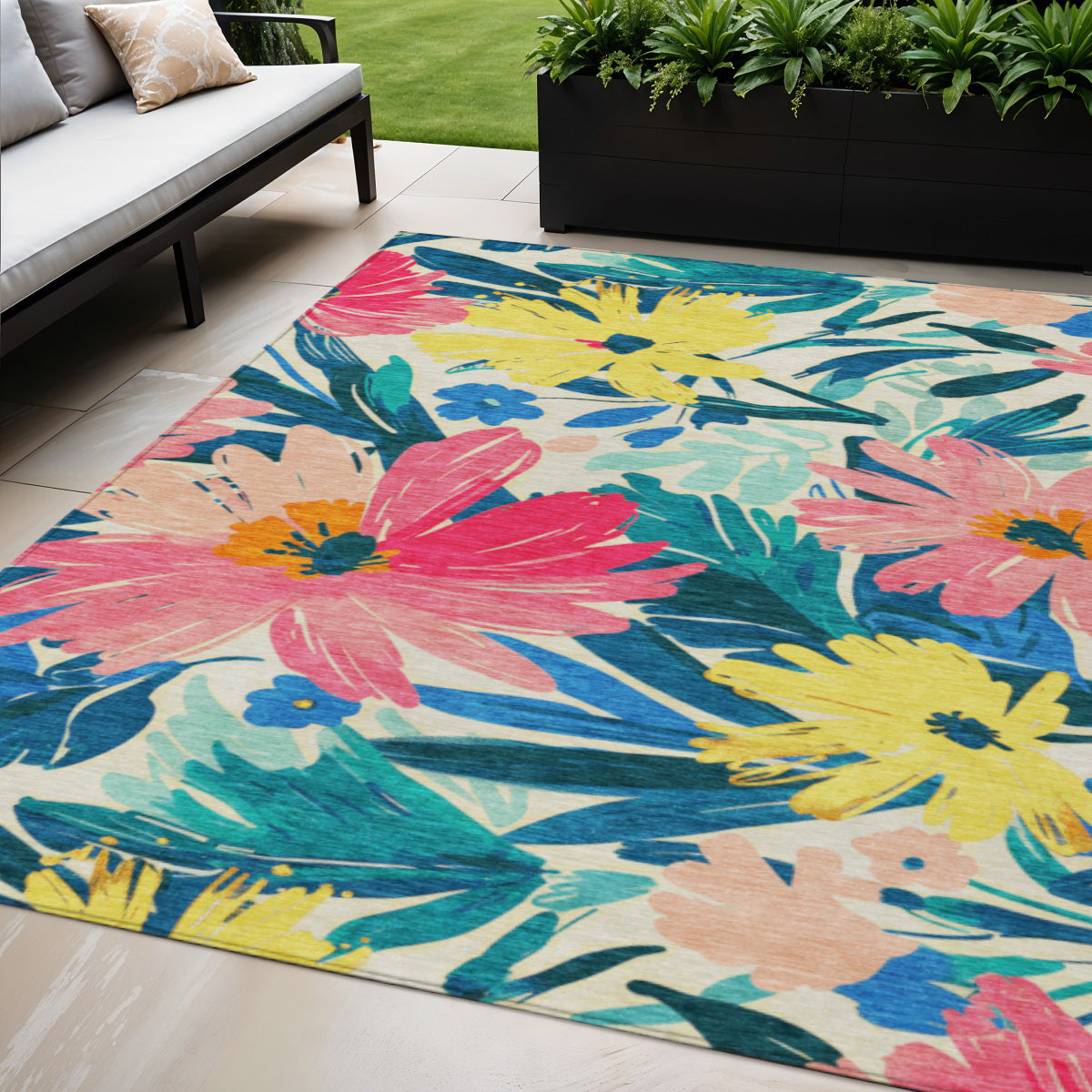 5 X 8 Blush And Pink Floral Washable Indoor Outdoor Area Rug