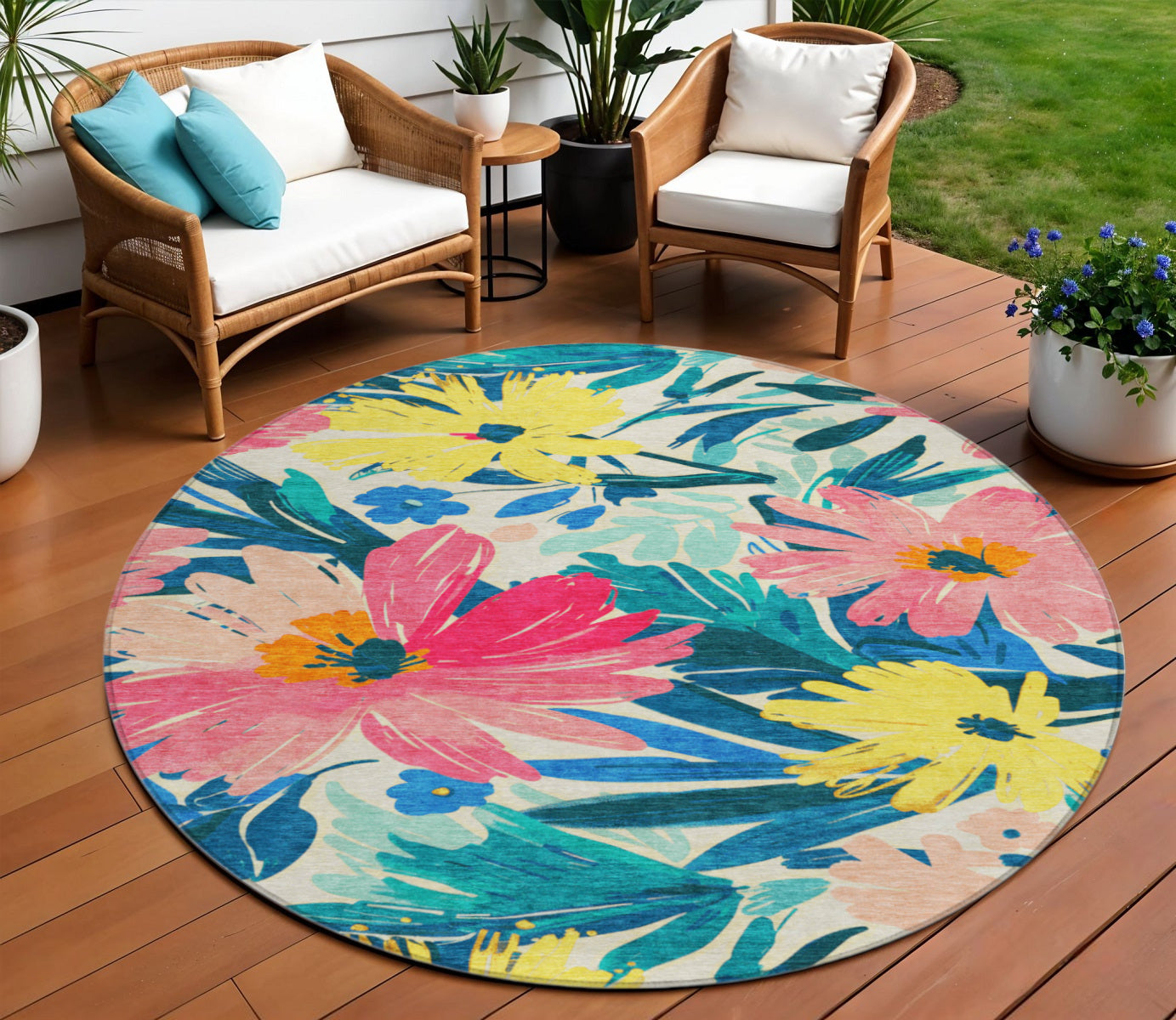 8 Blush And Pink Round Floral Washable Indoor Outdoor Area Rug