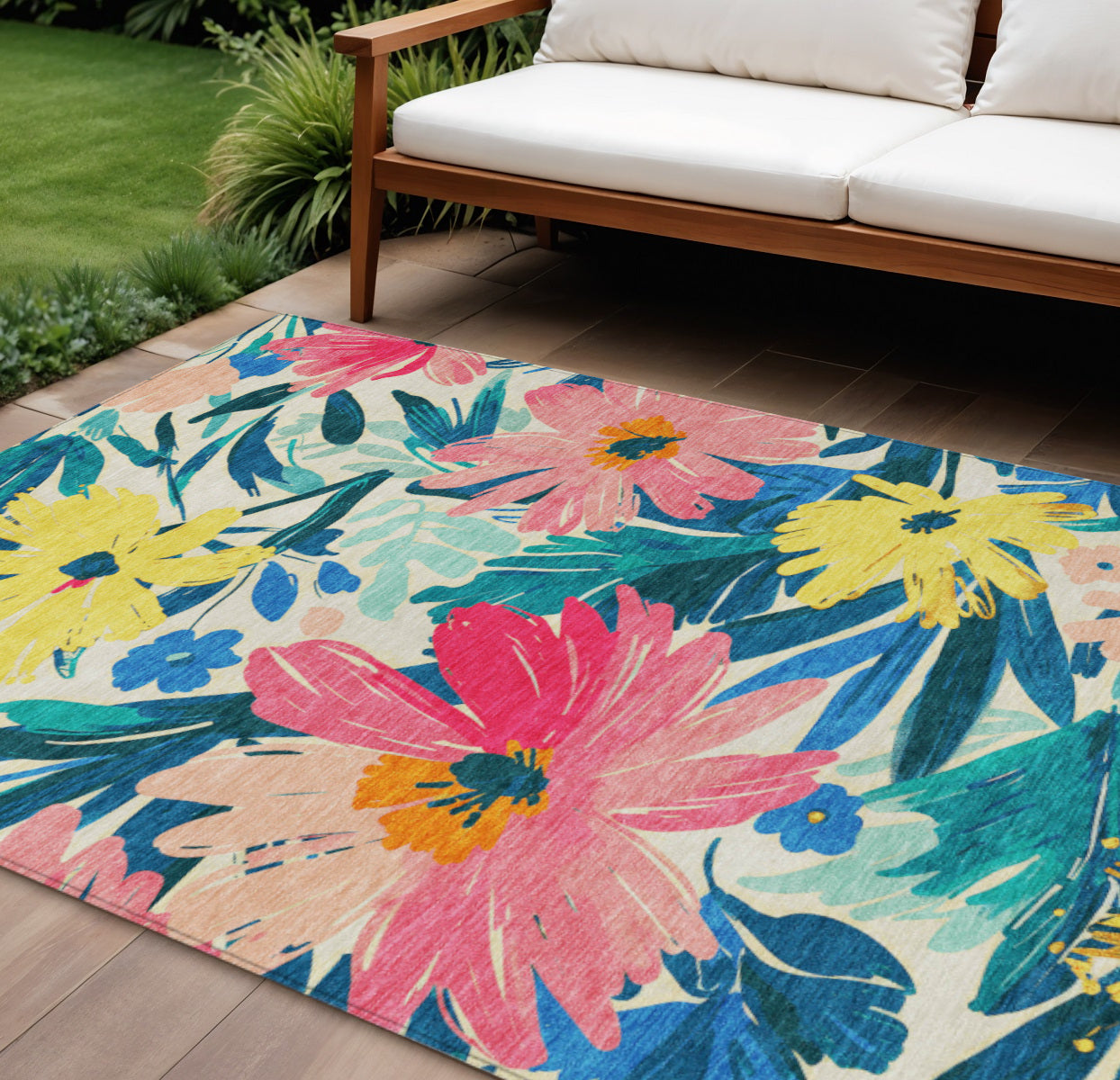 9 X 12 Blush And Pink Floral Washable Indoor Outdoor Area Rug