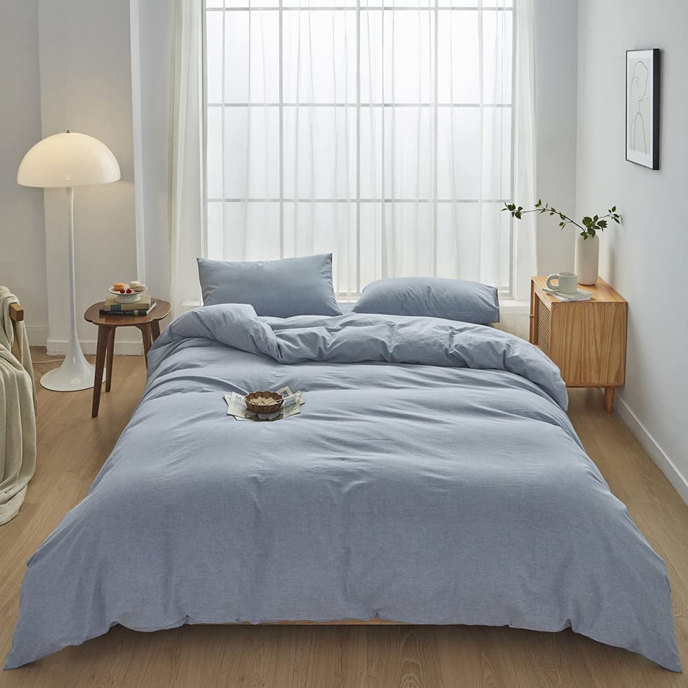 Face Two Face Bedding Duvet Cover Set100% Washed Cotton Duvet Cover Linen Like Textured Breathable Durable Soft Comfy (California King, Cornflower Blue)