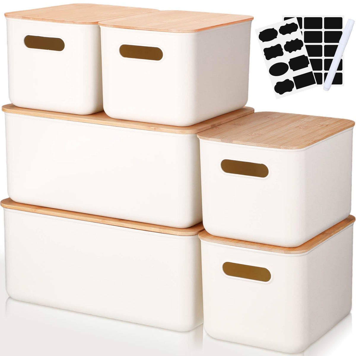 Suzile 6 Packs Plastic Storage Bins with Bamboo Lids Stackable Storage Box Container with Label Marker White Organizer Basket fo