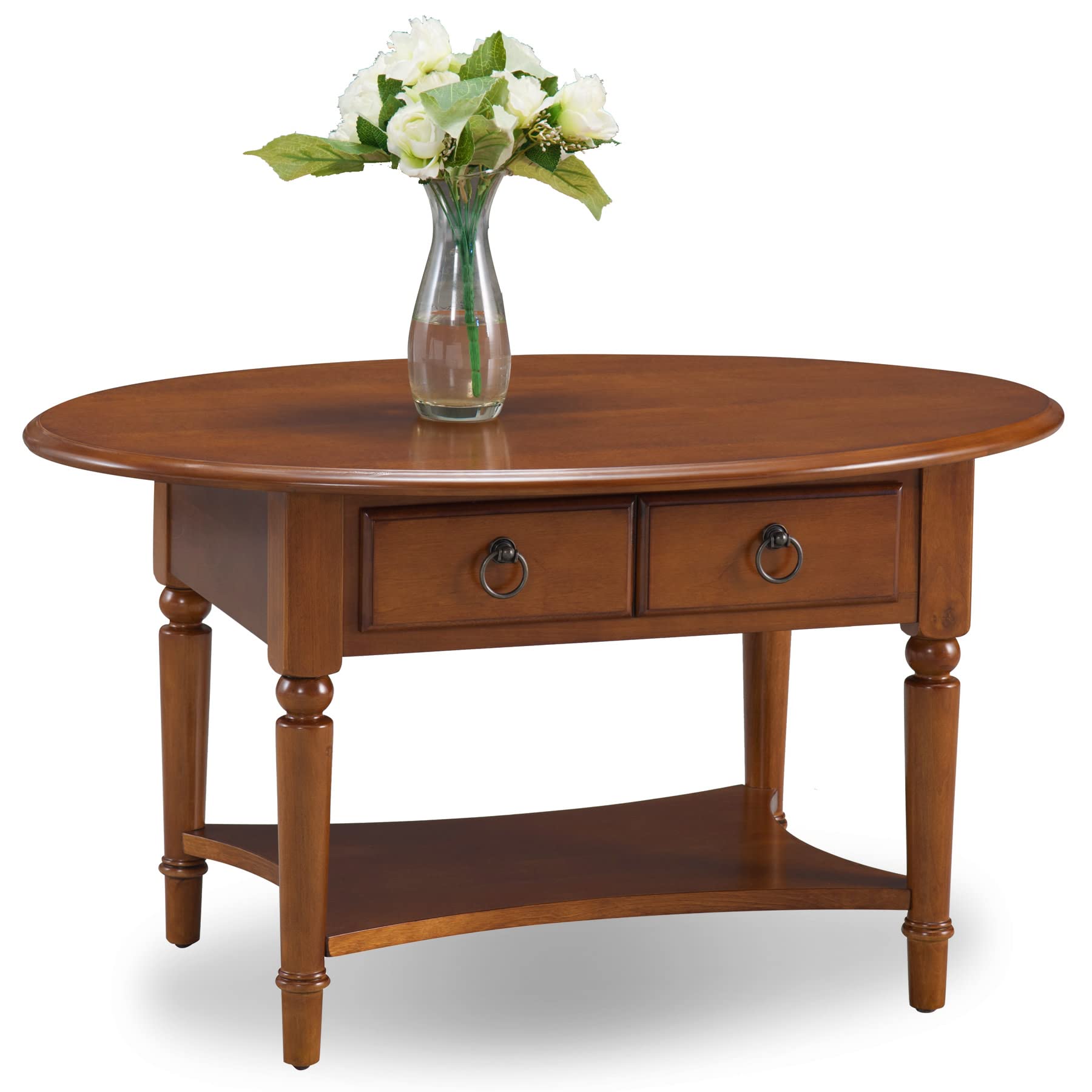 Coastal Solid Wood Oval Coffee Table with Shelf and Drawer, Rich Pecan Brown, Perfect for Living Rooms and Small Spaces - Leick 