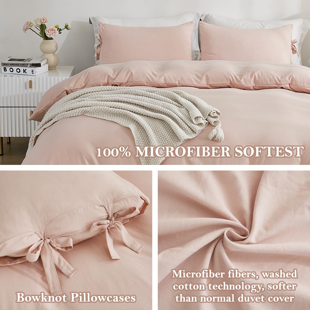 Annadaif Pink Duvet Cover Queen (90X90 Inch), 3 Pieces (1 Duvet Cover, 2 Pillowcases) Soft Washed Microfiber Bowknot Bow Tie Duv
