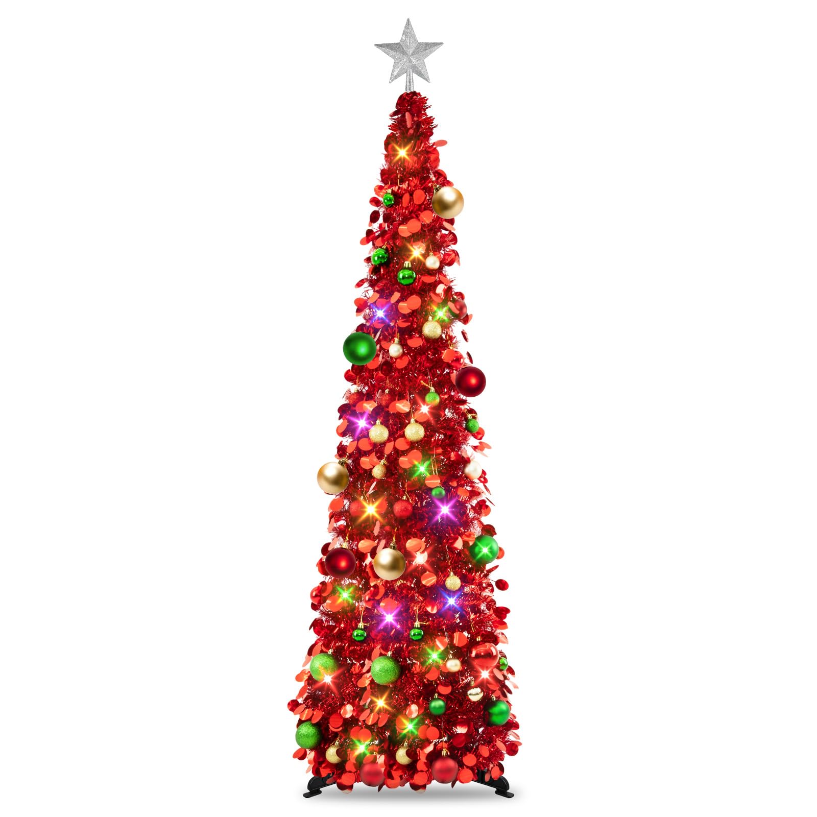 N&T NIETING Pop Up Christmas Tree with Lights & 30 Balls, 5Ft Collapsible Red Tinsel Christmas Tree Decorations, Pencil Christma