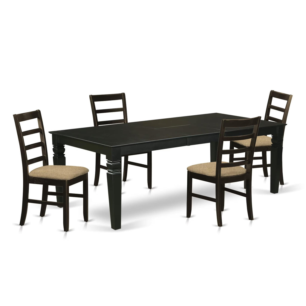East West Furniture LGPF5-BLK-C 5 Piece Kitchen Table Set Includes a Rectangle Dining Room Table with Butterfly Leaf and 4 Linen Fabric Upholstered Chairs, 42x84 Inch, Black