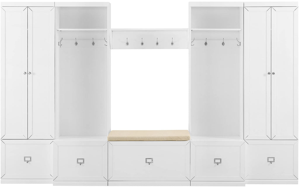 Crosley Furniture Harper 6-Piece Hall Tree, Storage Cabinet, Shoe Rack Bench, And Wall Shelf Set With Hooks, White