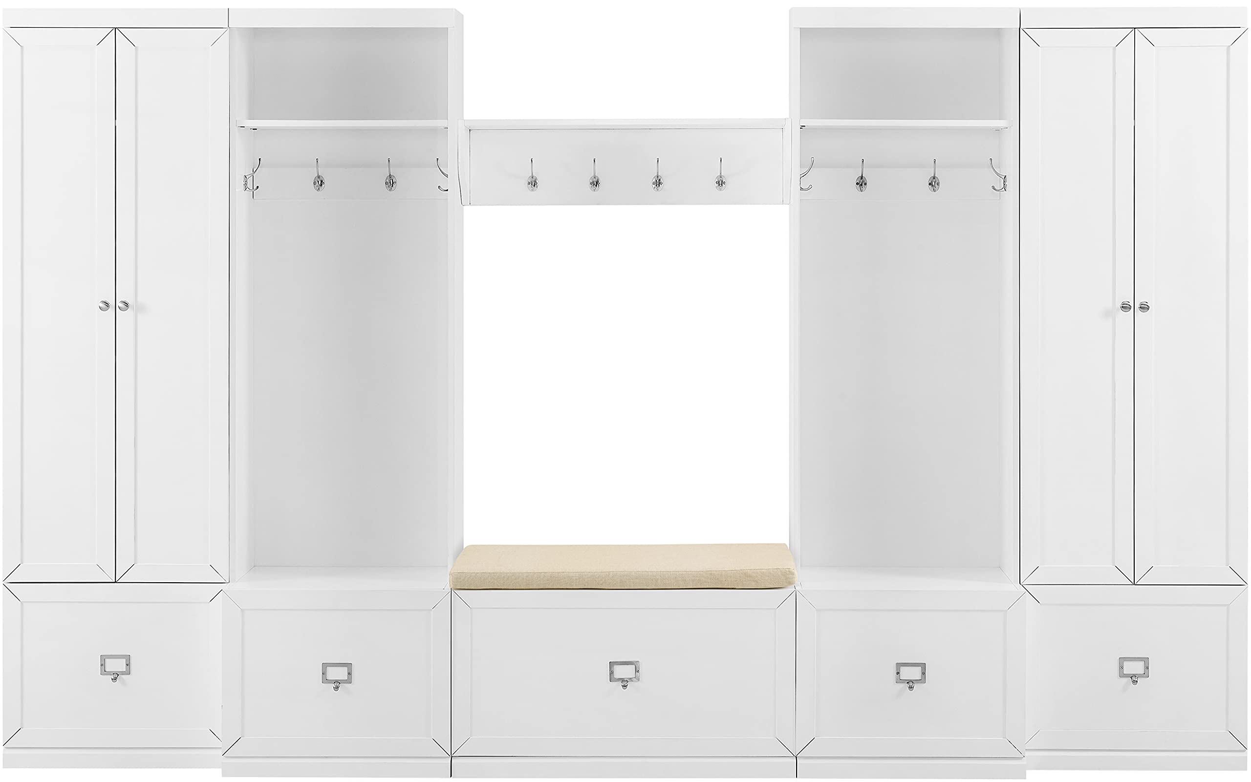 Crosley Furniture Harper 6-Piece Hall Tree, Storage Cabinet, Shoe Rack Bench, And Wall Shelf Set With Hooks, White