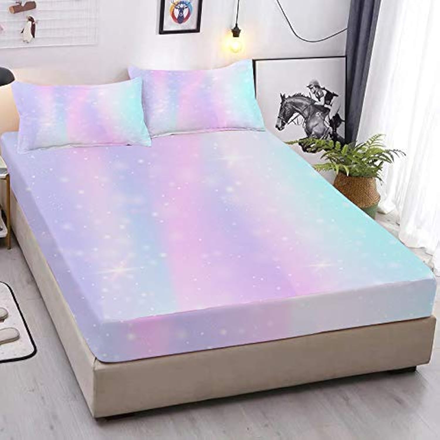 Musolei Colorful Girls Fitted Sheet Set Rainbow Sheets, 3D Rainbow Twin Bedding Set Girl Bed Sheets 2Pcs Boho 1 Fitted Sheet Wit