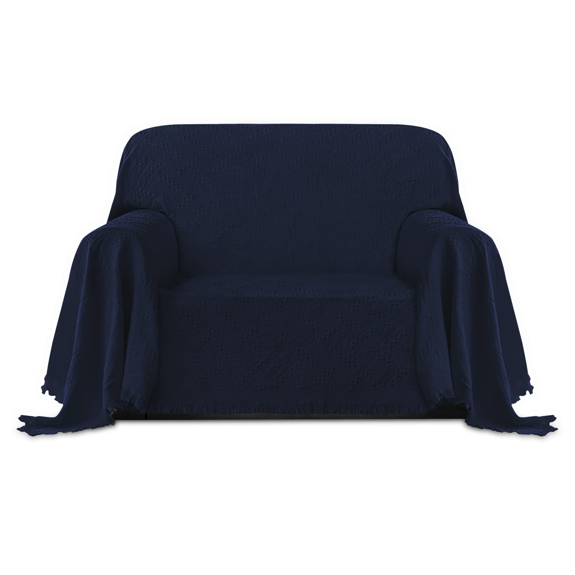 Purefit Geometric Jacquard Throw Sofa Cover - Textured Soft Washable Decorative Couch Covers For 3 Cushion Couch, Throw Cover With Tassels Furniture Protector For Pets, Kids (Small, Navy)