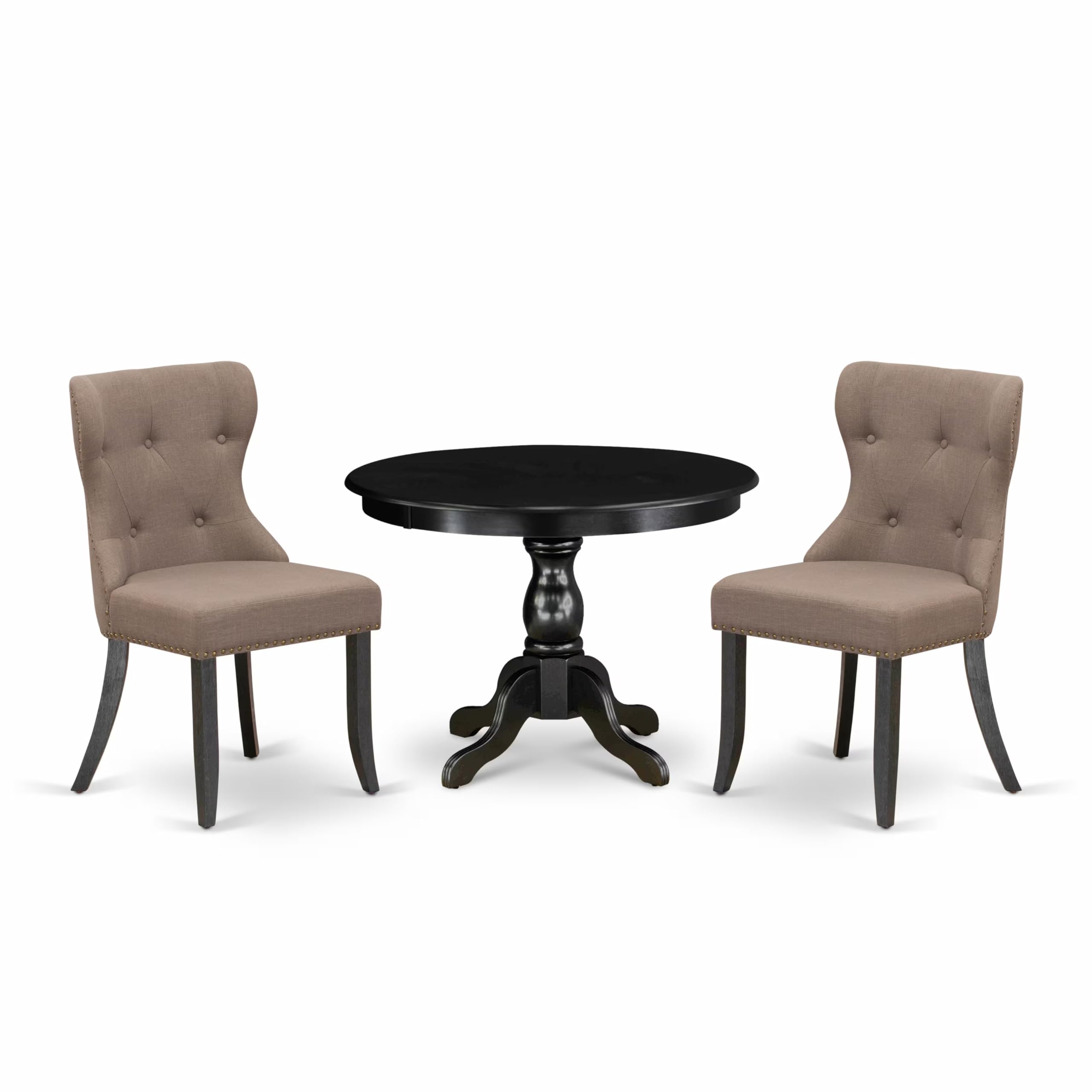 East West Furniture HBSI3-ABK-48 3 Piece Dining Room Furniture Set Contains a Round Dining Table with Pedestal and 2 Coffee Linen Fabric Upholstered Chairs, 42x42 Inch, Wirebrushed Black