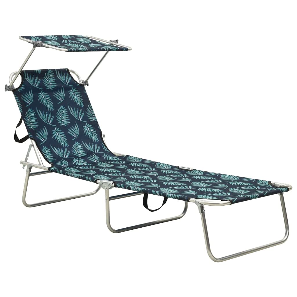 vidaXL Patio Lounge Chair, Folding Sunlounger with Backrest, Sunbed with Canopy, Pool Lounge Chair for Outdoor, Modern Style, Steel Leaves Print