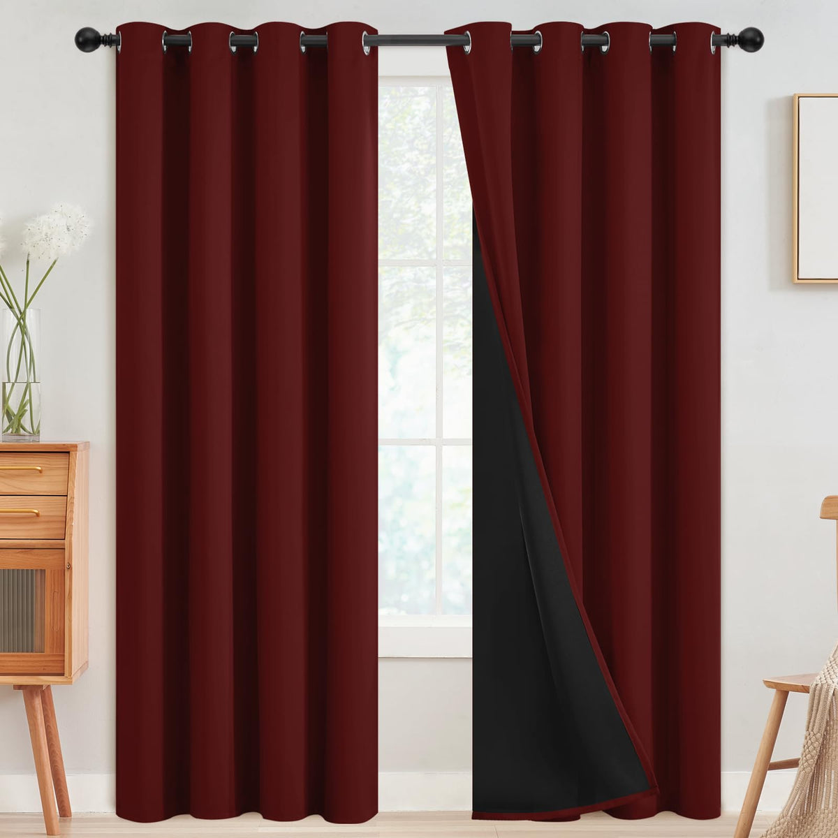 Simplehome 100% Blackout Curtains For Bedroom,Thermal Insulated Burgundy Red Grommet Window Drapes Room Darkening Curtains For L