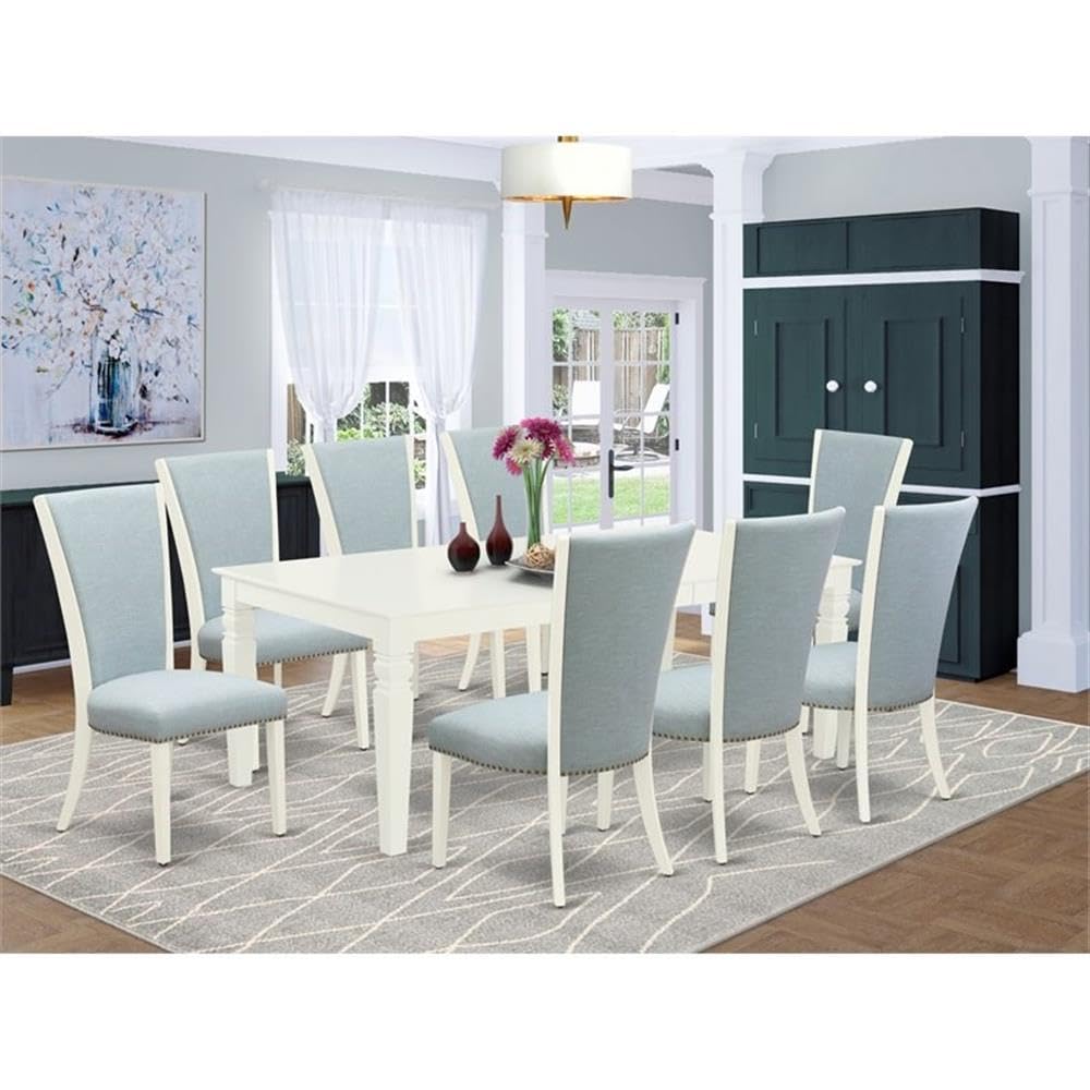 East West Furniture Lgve9-Lwh-15 9 Piece Dining Set Includes A Rectangle Dining Room Table With Butterfly Leaf And 8 Baby Blue Linen Fabric Upholstered Chairs, 42X84 Inch, Linen White