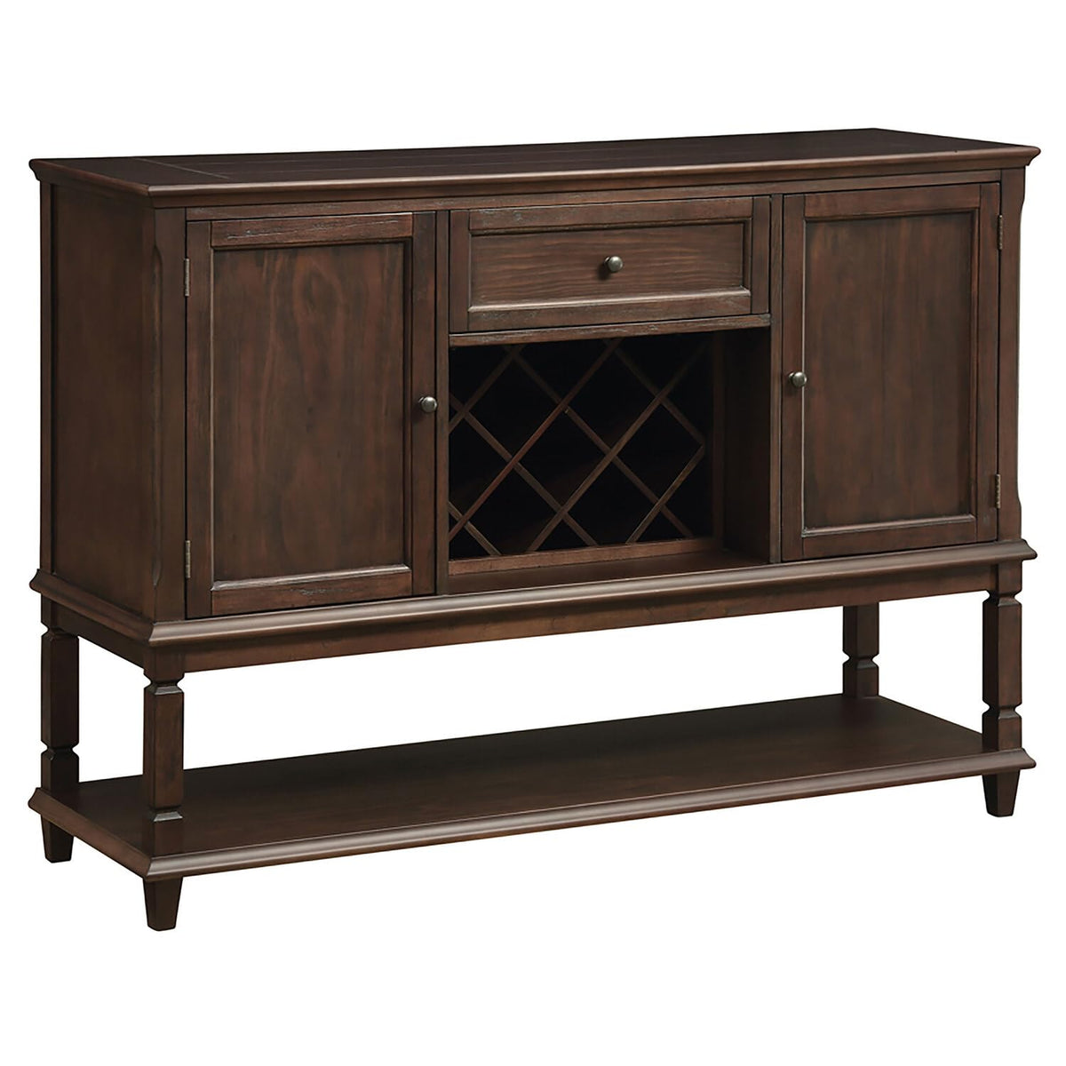 Coaster Parkins Collection 58&quot; Server With 2 Doors 1 Drawer Wine Bottle Storage Bottom Shelf Gunmetal Knobs And Poplar Wood Construction Rustic Espresso 107415