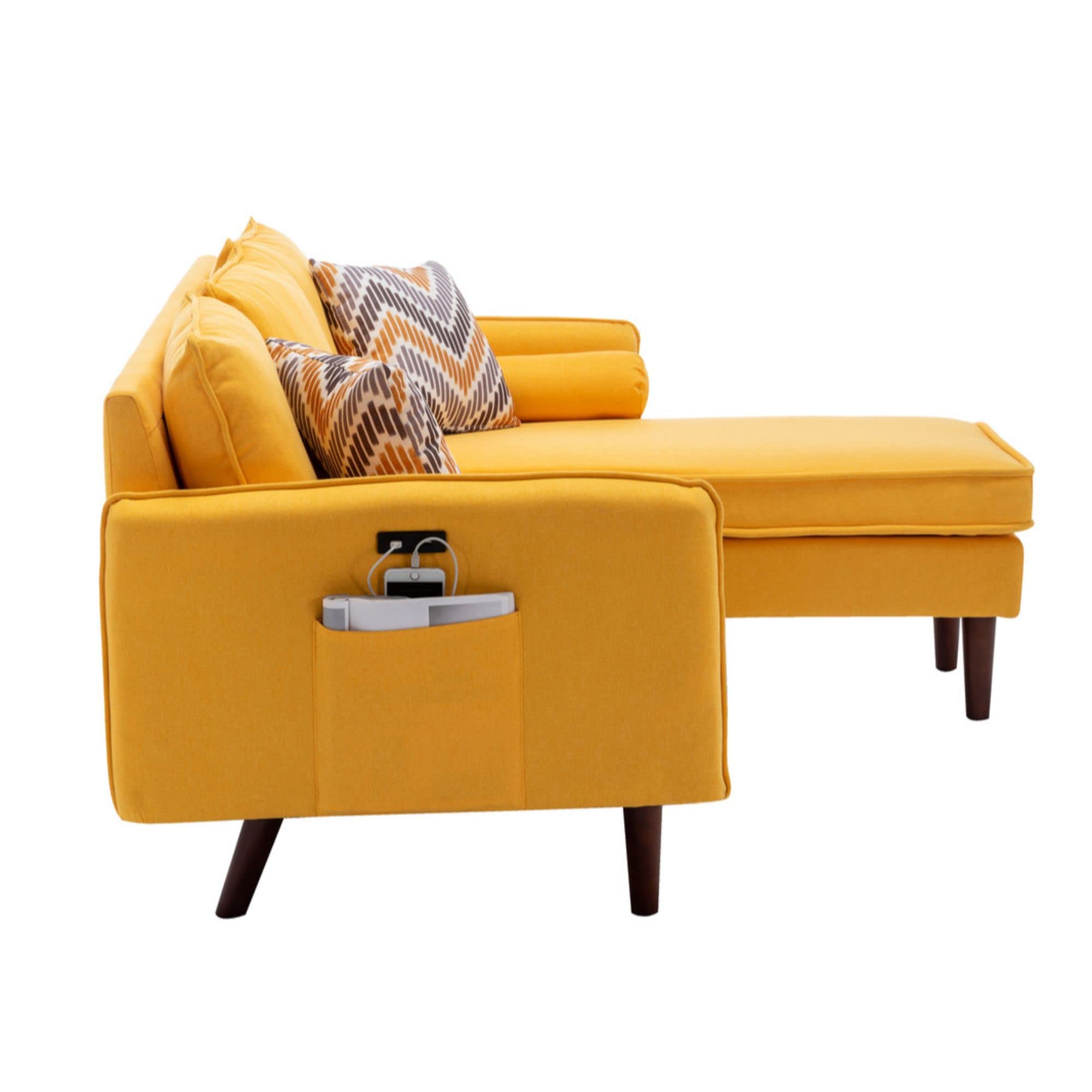 Lilola Home Mia Yellow Sectional Sofa Chaise with USB Charger & Pillows