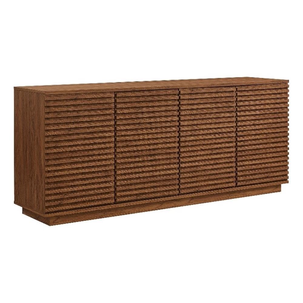 Modway Render 71 Inch Mid-Century Modern Sideboard Buffet Table in Walnut - Fluted 4-Door Credenza Storage Cabinet - High TV Sta