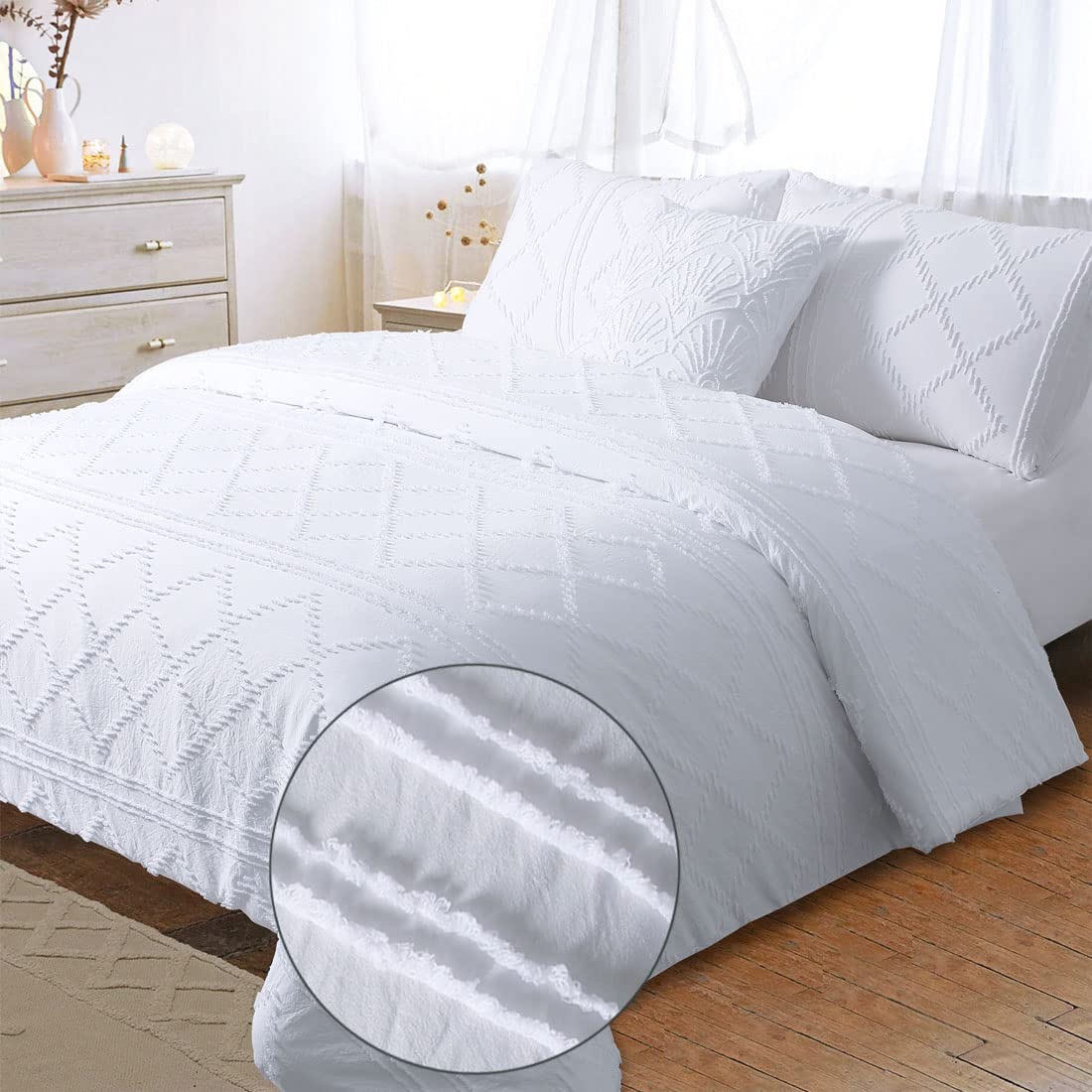 Yinfung White Duvet Cover Queen Tufted Boho Textured Diamond Shabby Chic Moroccan Clipped Fringed Bohemian Jacquard Bedding Set