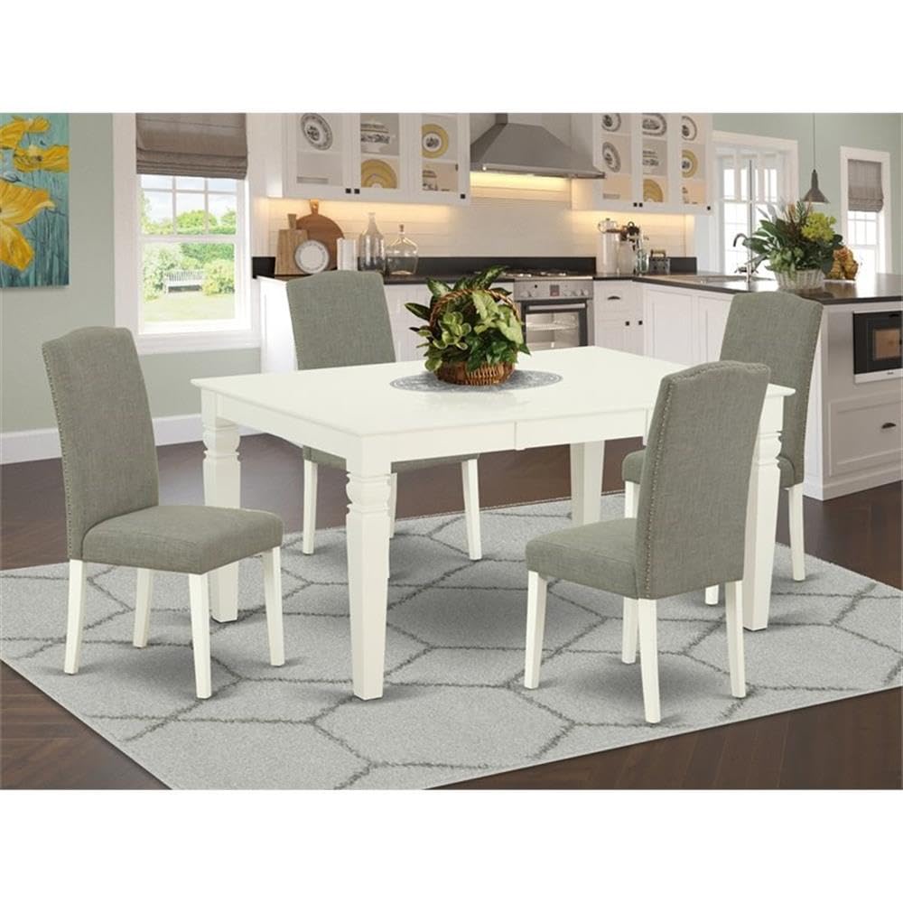 East West Furniture Ween5-Lwh-06 5 Piece Dining Room Table Set Includes A Rectangle Kitchen Table With Butterfly Leaf And 4 Dark Shitake Linen Fabric Parson Chairs, 42X60 Inch, Linen White