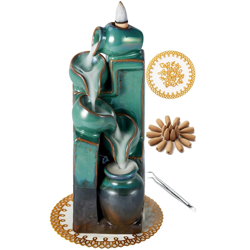 LAMDAWN Unique Cascading Basins Ceramic Waterfall Incense Holder, Paired with a Pack of Backflow Incense Cones. (Blue)