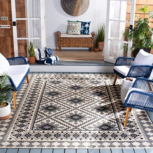 Safavieh Veranda Collection 6'7' X 9'6' Ivory / Slate Ver099 Boho Indoor/ Outdoor Non-Shedding Easy Cleaning Patio Backyard Po