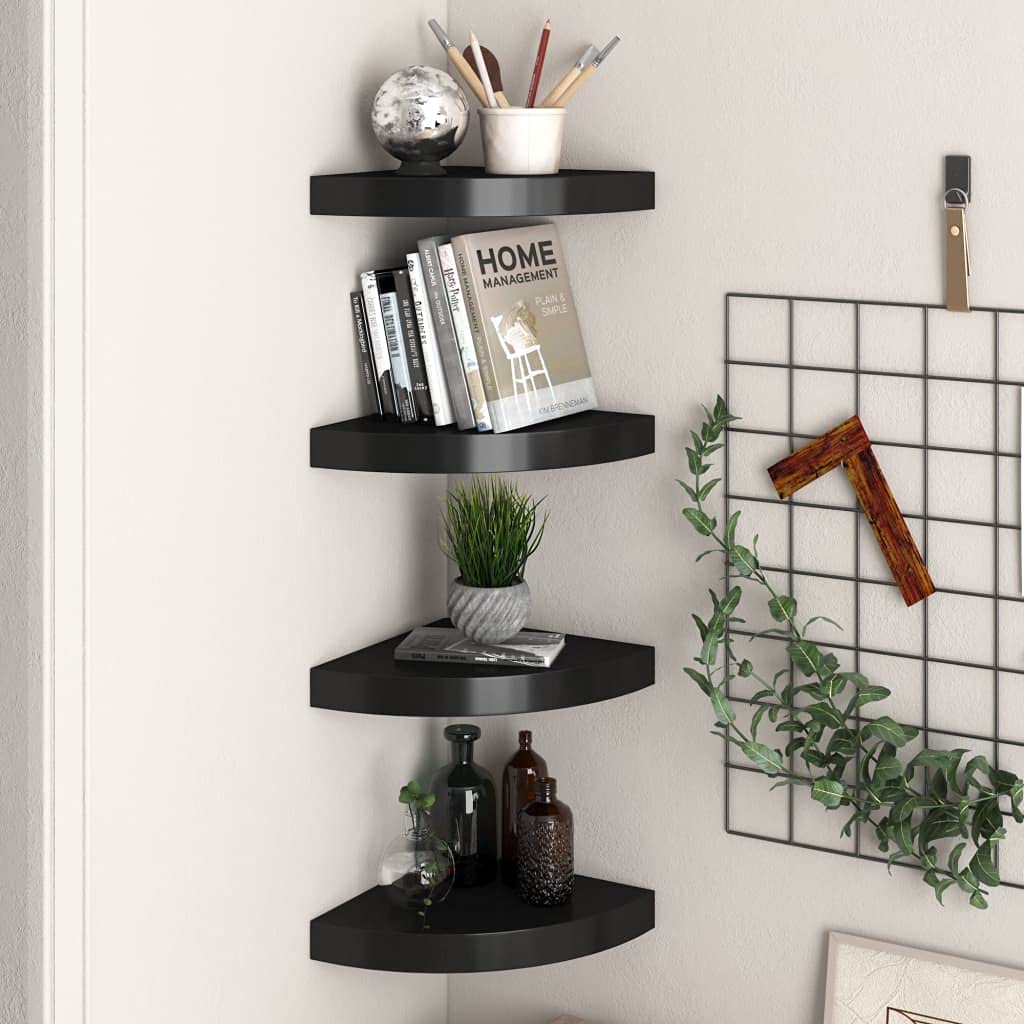 vidaXL Floating Corner Shelves Set of 4 - Modern Wall Mounted Storage and Display Shelves - Durable Black MDF Metal 9.8&quot;x9.8&quot;x1.5&quot;