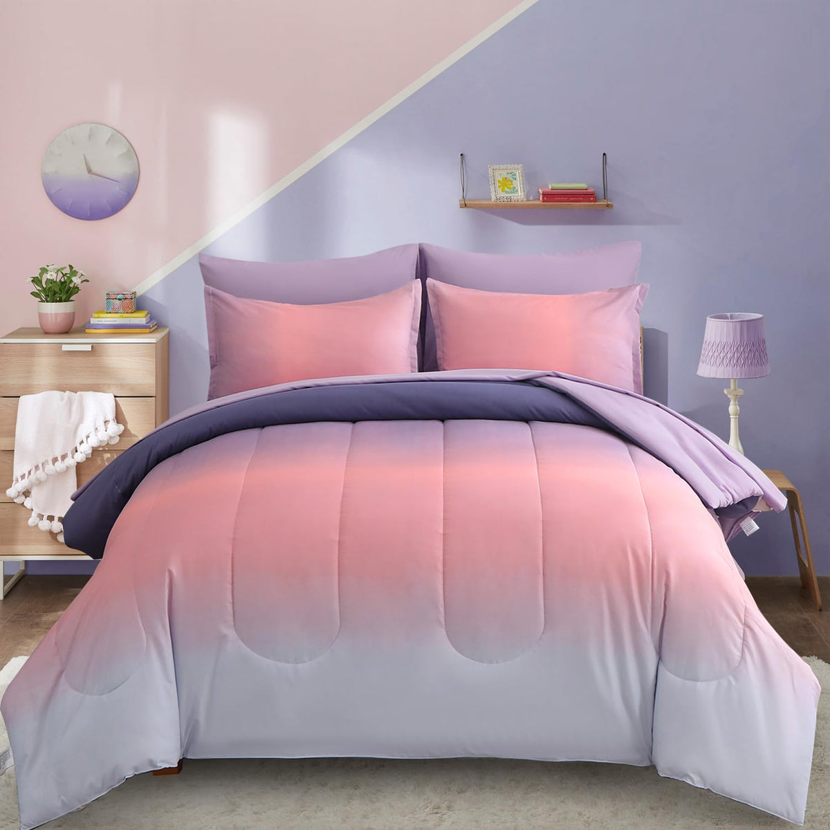 Dinjoy Girls Comforter Set Full Size Colorful Rainbow Ombre Pink Purple Light Blue Bedding Set Gradient 7 Pieces Bed In A Bag Fo