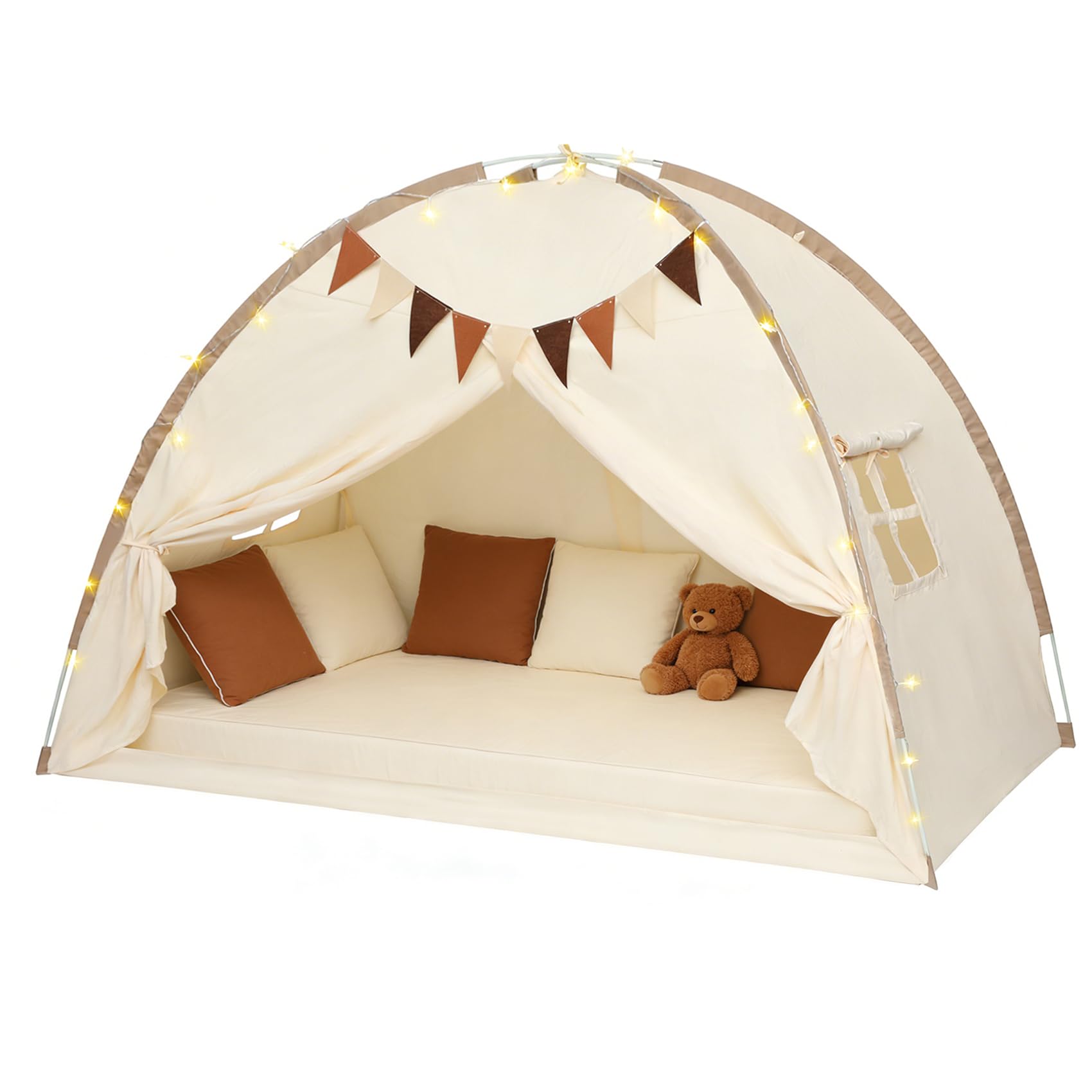 Full Bed Tent Canopy, Indoor Blackout Privacy Toddler Bed Tent for Kids with Light, Portable Sleeping Floor Kids Playhouse (Crea