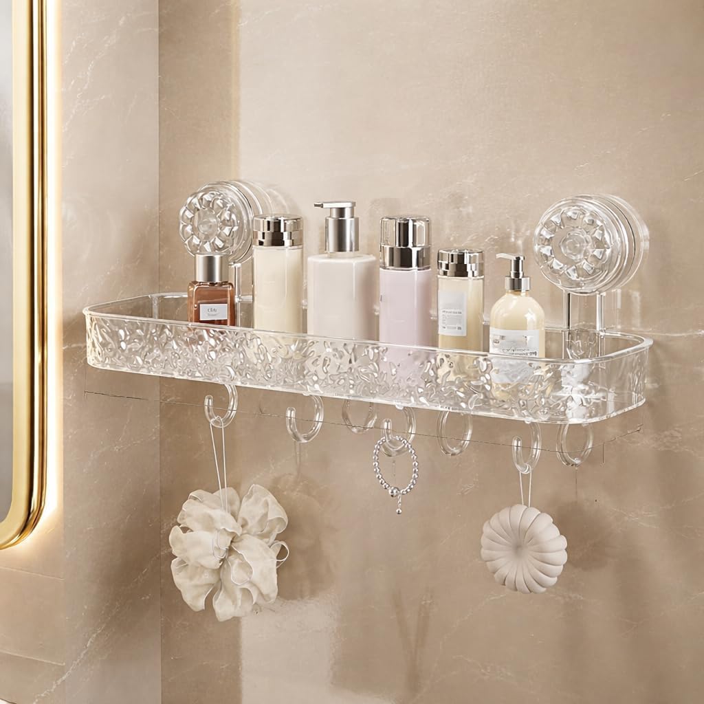 Shalvi Transparent Suction Wall Mounted Plastic Bathroom Shelf | Self Adhesive Bathroom Shelf | Bathroom Organiser Without Drill