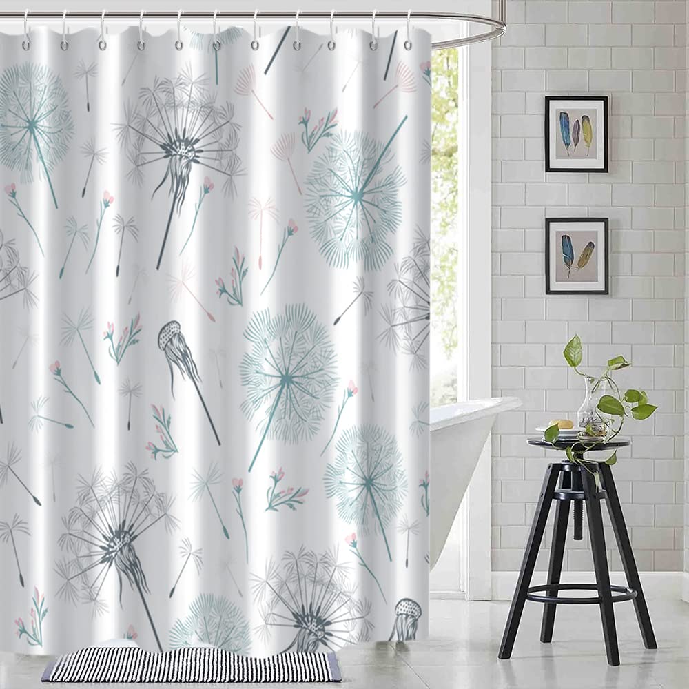 Ruelvth Dandelion Shower Curtain, Green and Grey Spring Shower Curtain for Bathroom Waterproof Fabric Wild Flower Shower Curtain
