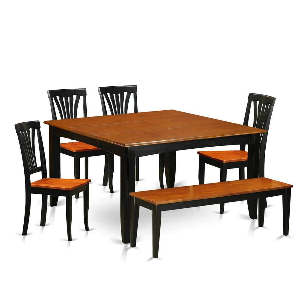 East West Furniture PFAV6-BCH-W 6 Piece Dining Set Contains a Square Dining Table with Butterfly Leaf and 4 Kitchen Chairs with a Bench, 54x54 Inch, Black & Cherry