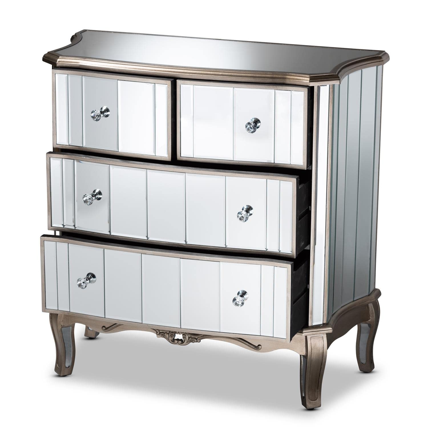 Baxton Studio Elgin Contemporary Glam and Luxe Brushed Silver Finished Wood and Mirrored Glass 4-Drawer Cabinet