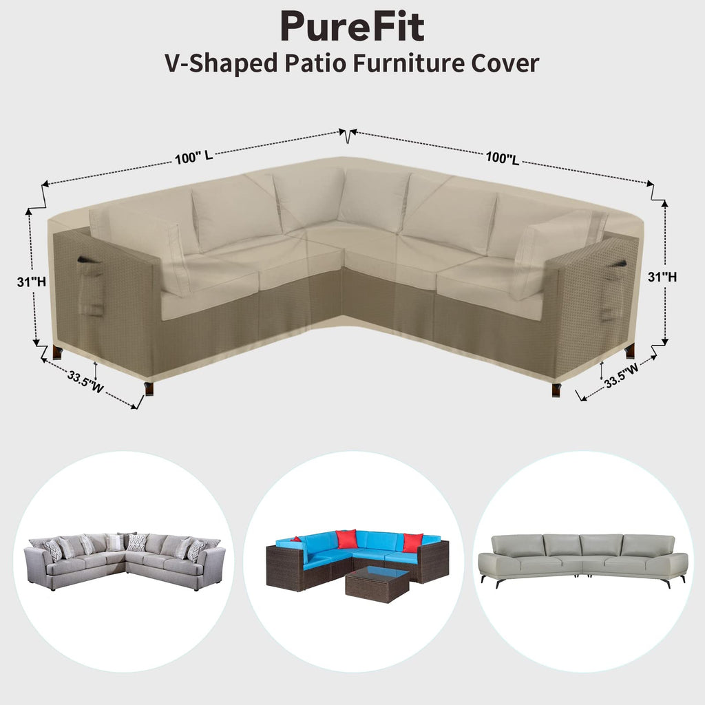 Purefit Outdoor Sectional Sofa Cover Waterproof V Shaped Patio Furniture Covers For Deck, Lawn And Backyard, 100”X100”, Camel