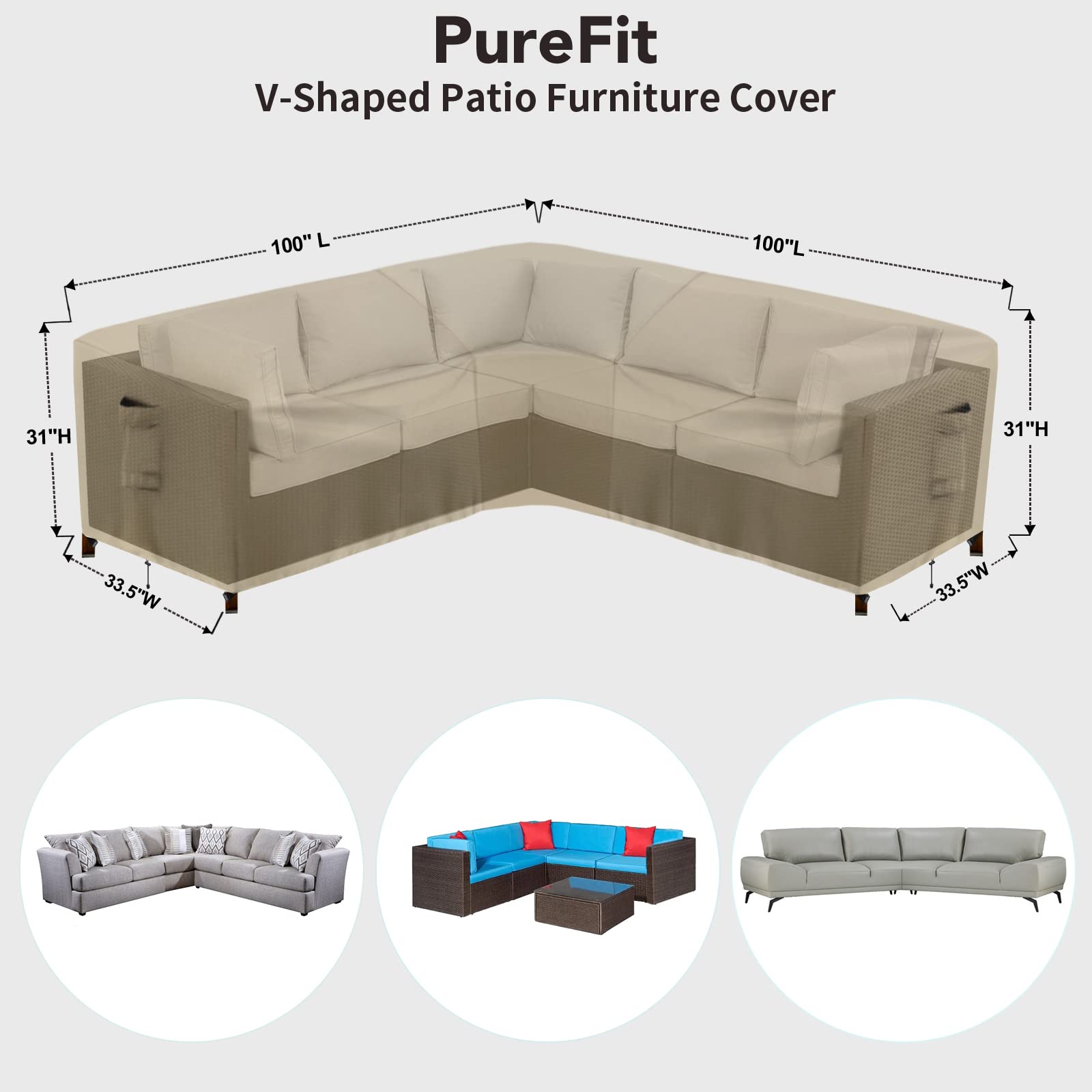Purefit Outdoor Sectional Sofa Cover Waterproof V Shaped Patio Furniture Covers For Deck, Lawn And Backyard, 100”X100”, Camel