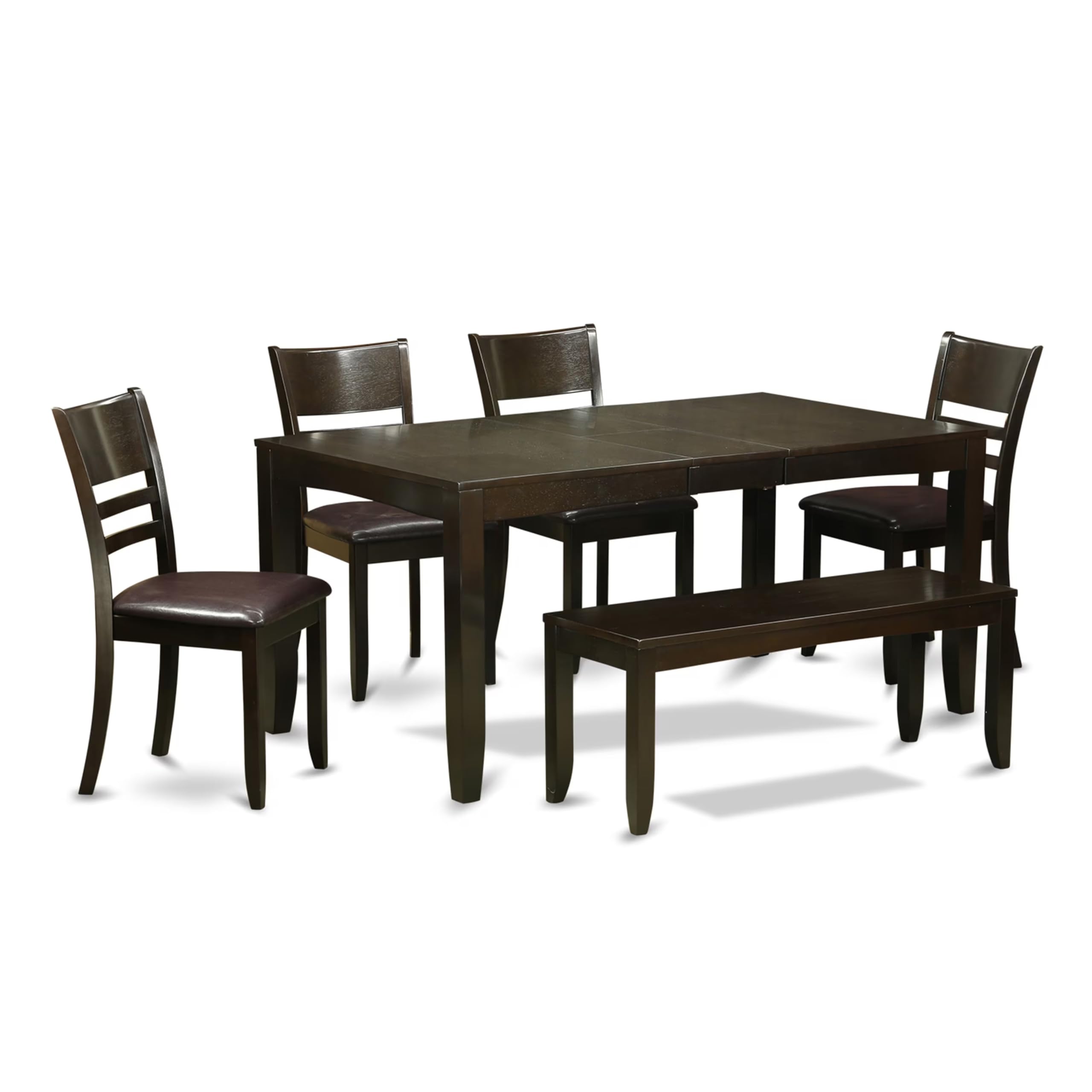 East West Furniture LYFD6-CAP-LC Lynfield 6 Piece Set Contains a Rectangle Dining Room Table with Butterfly Leaf and 4 Faux Leather Kitchen Chairs with a Bench, 36x66 Inch