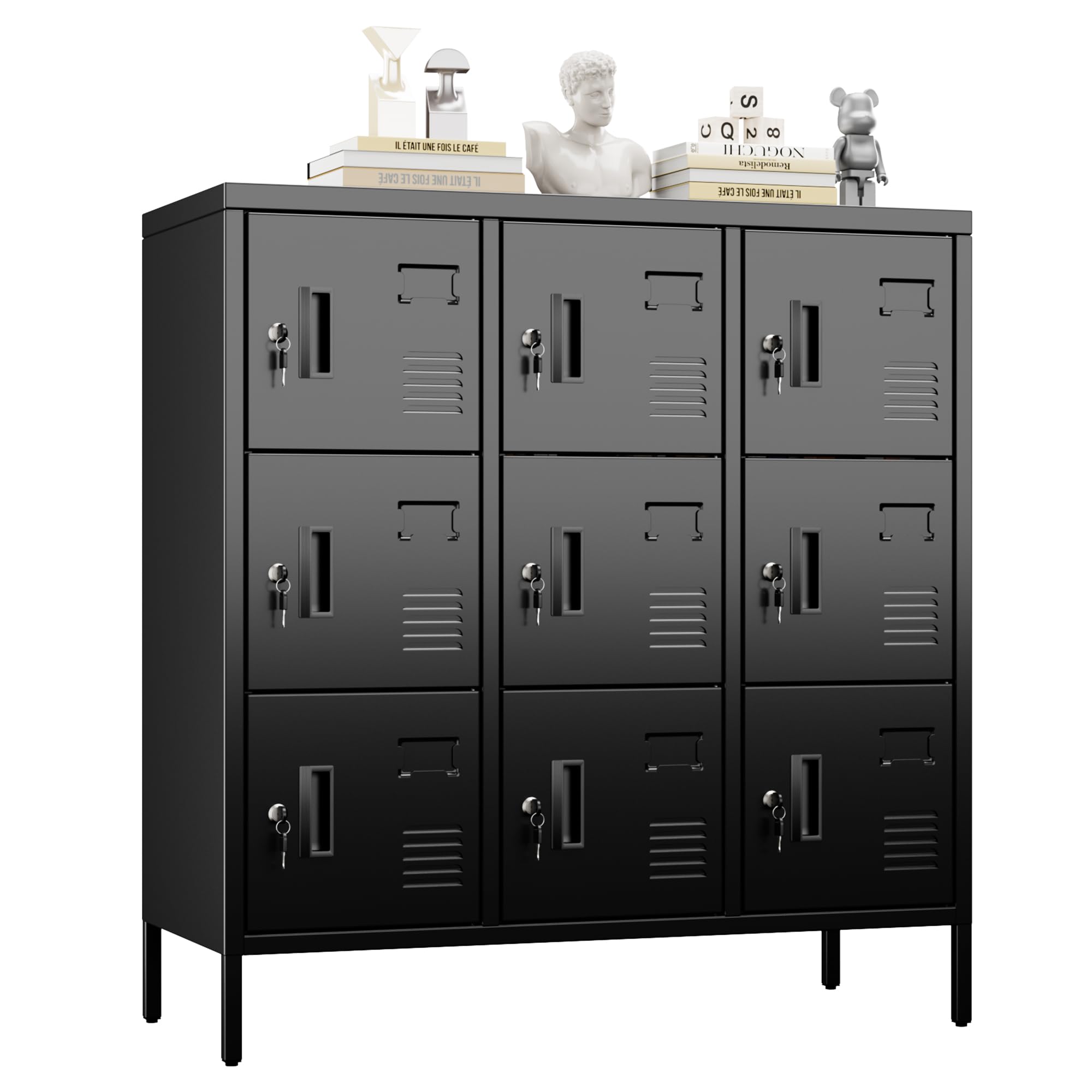 Metan Metal Locker With Lock And Keys For School Office Gym Bedroom, 9 Doors Black Steel Storage Locker Cabinet For Employees In