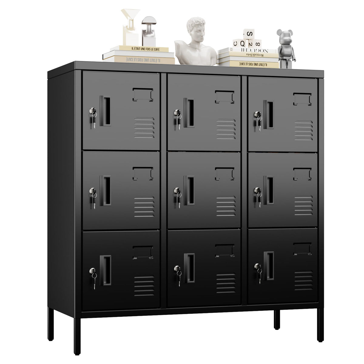 Metan Metal Locker With Lock And Keys For School Office Gym Bedroom, 9 Doors Black Steel Storage Locker Cabinet For Employees In