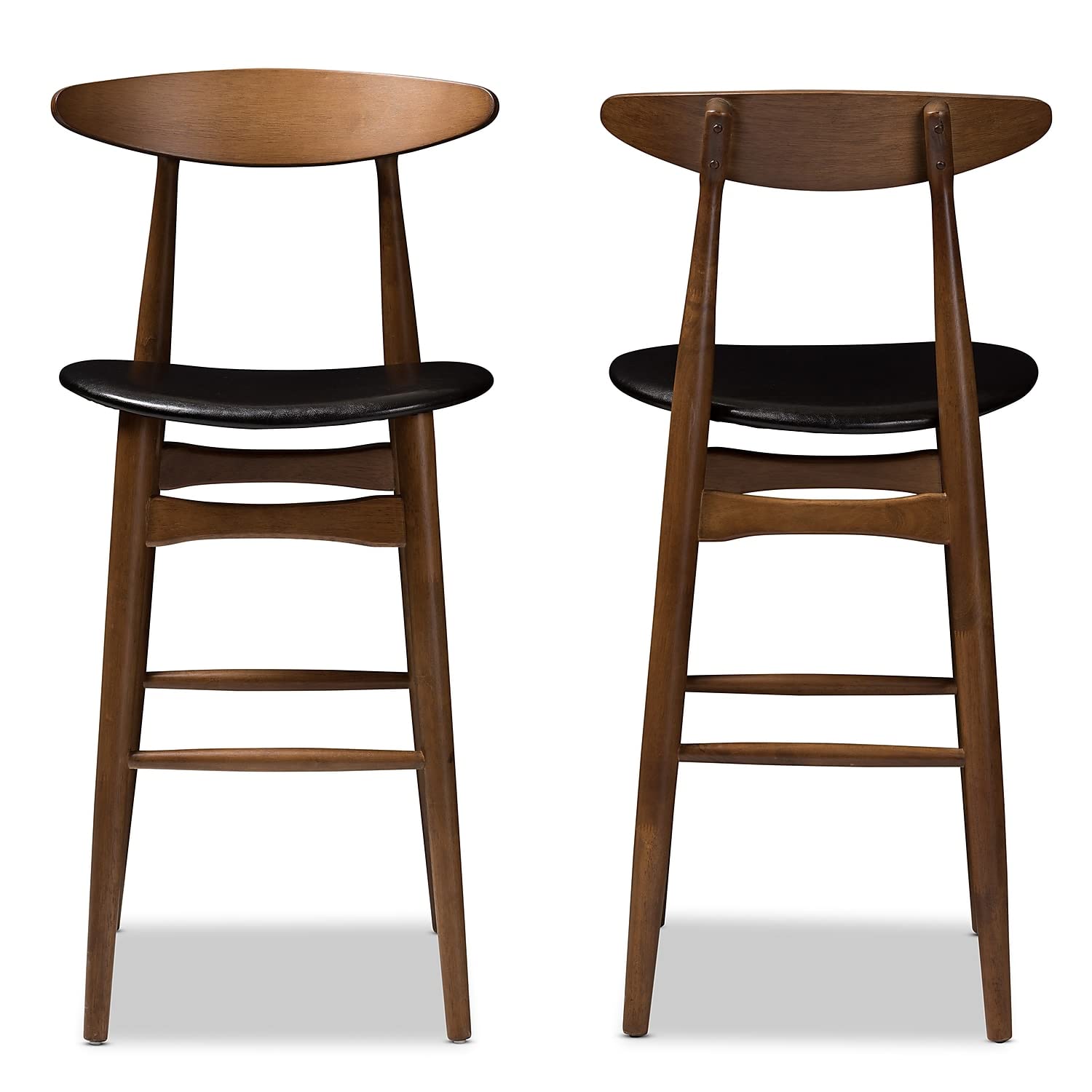 Baxton Studio Flora Mid-Century Faux Leather Bar Stool with Back, Black and Walnut Brown, 2-Pieces (144-2P-8074-HIT)