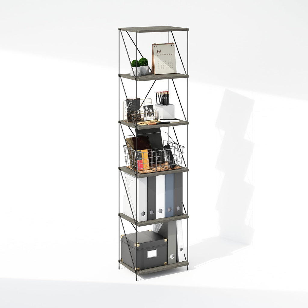 Furinno Wire 6-Tier Industrial Style Metal Frame Bookcase, Display Shelf, 16 Wide, Finn Oak