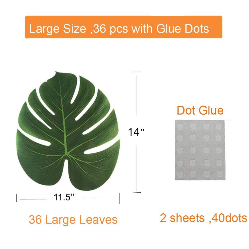 36Pcs Artificial Tropical Palm Leaves Large Size Bonus 2 Sheets/40Pcs Dot Glues,Fake Faux Palm Leaves Hawaiian Party Jungle Beac