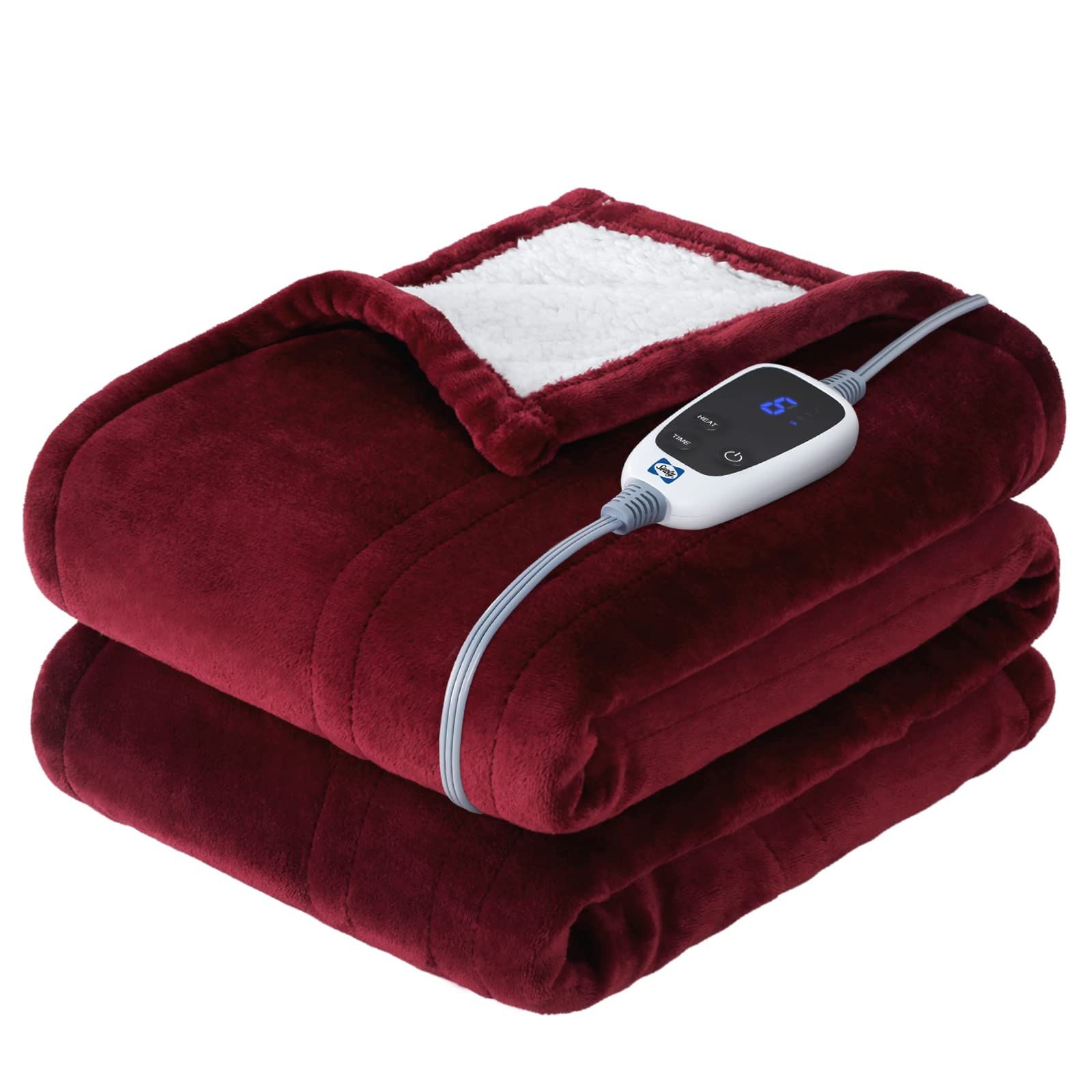 Sealy Heated Throw Blanket, Flannel & Sherpa Cozy Soft Electric Throw With 6 Heat Settings & 2-10 Hours Auto Shut Off, Machine W