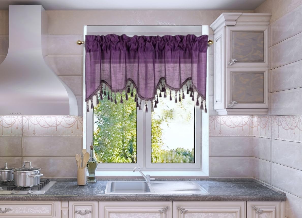 Solid Faux Silk Swag Waterfall Cascade Ascot Window Curtain Valance W/Tassels Trim 55' X18' Wave (1, Plum)