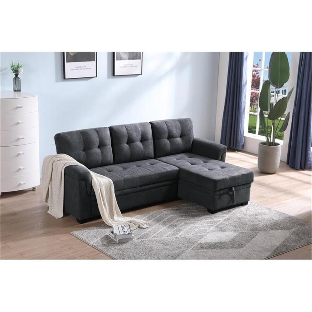 Lilola Home Connor Dark Gray Fabric Reversible Sectional Sleeper Sofa Chaise with Storage
