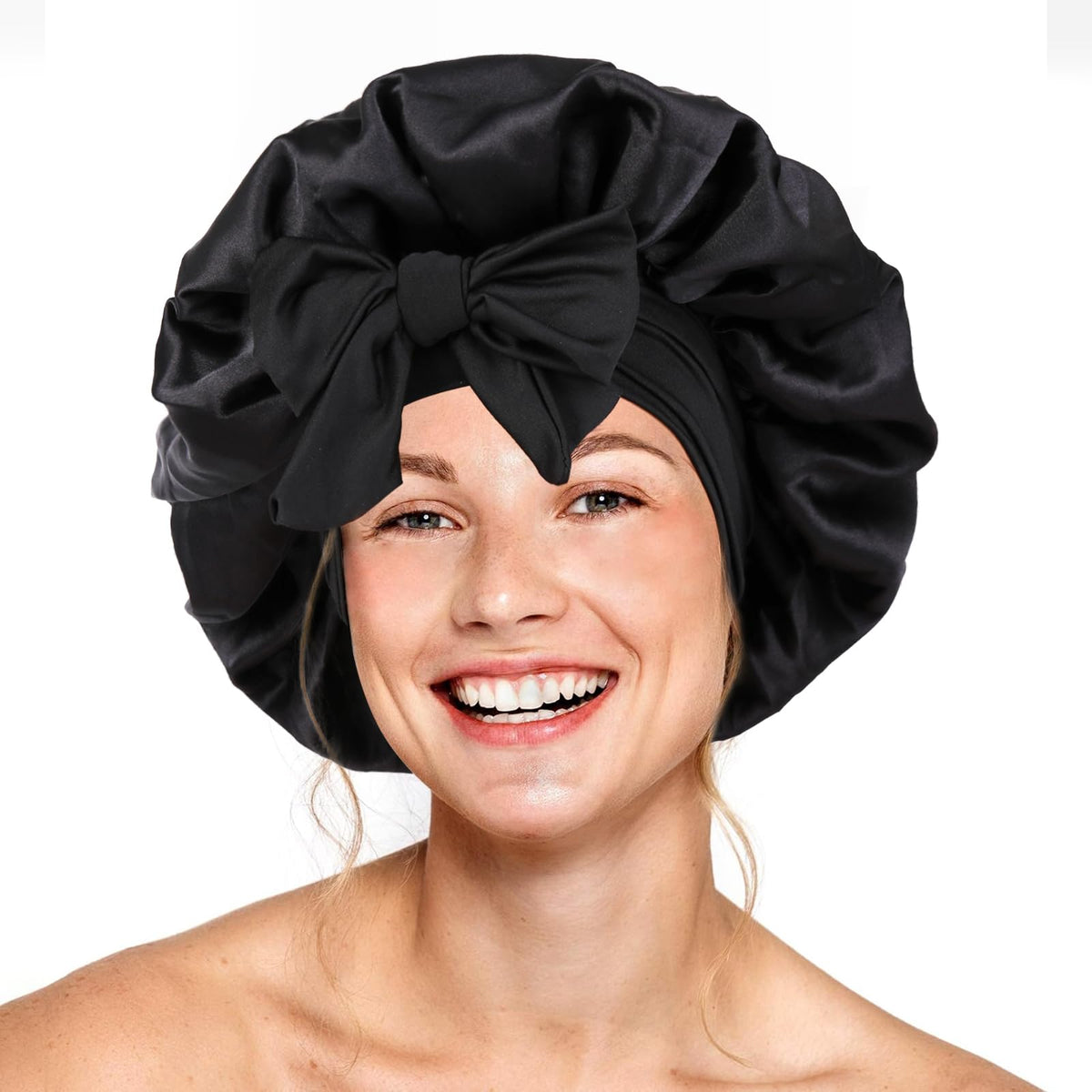 Silk Bonnet for Sleeping Women Double Layer Satin Bonnet Hair Bonnet with Elastic Tie Band Adjustable Bonnet for Curly Hair(Blac
