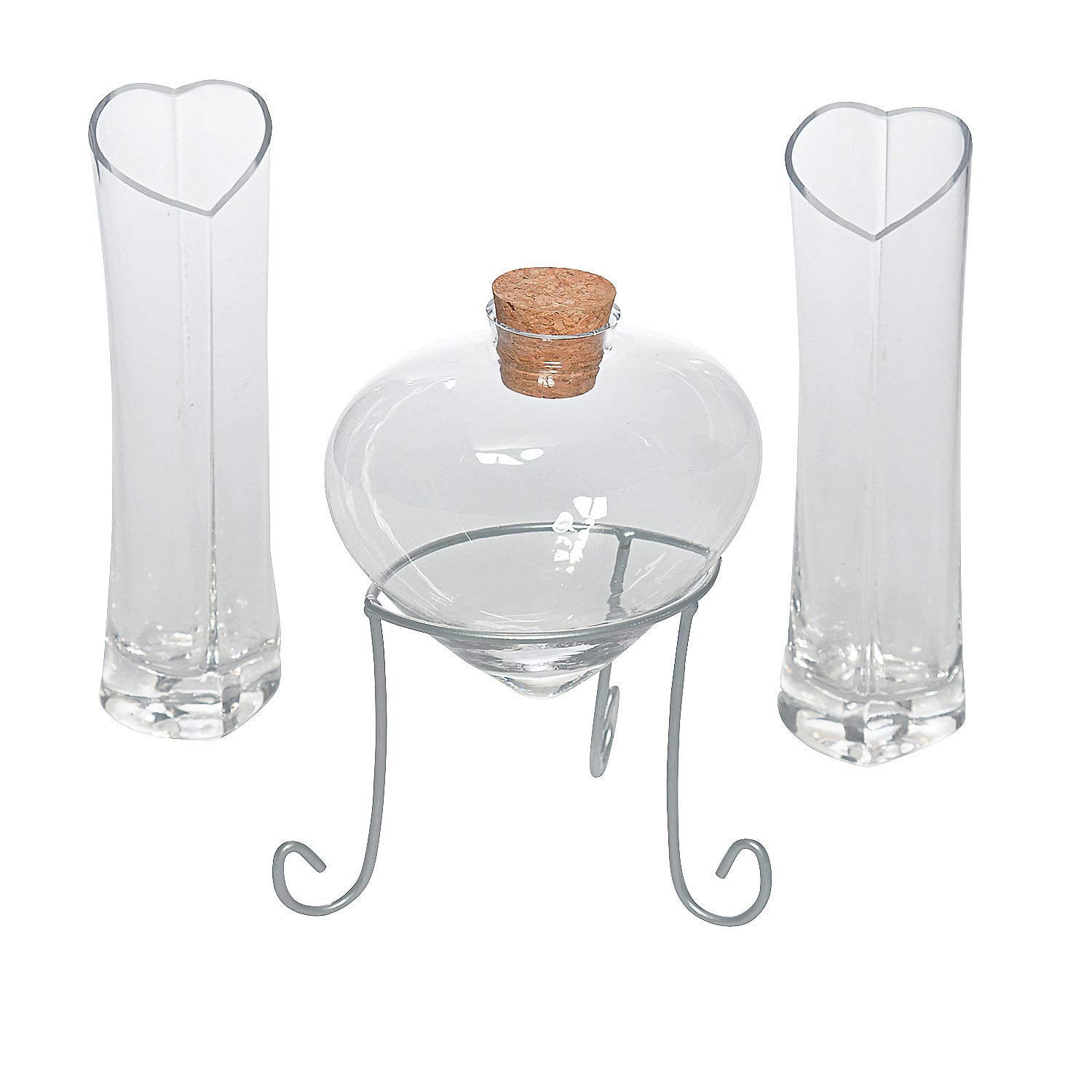 Heart Shaped Glass Sand Ceremony Set (4 Piece kit) Includes Heart Bottle with Cork, vases and a Metal Stand