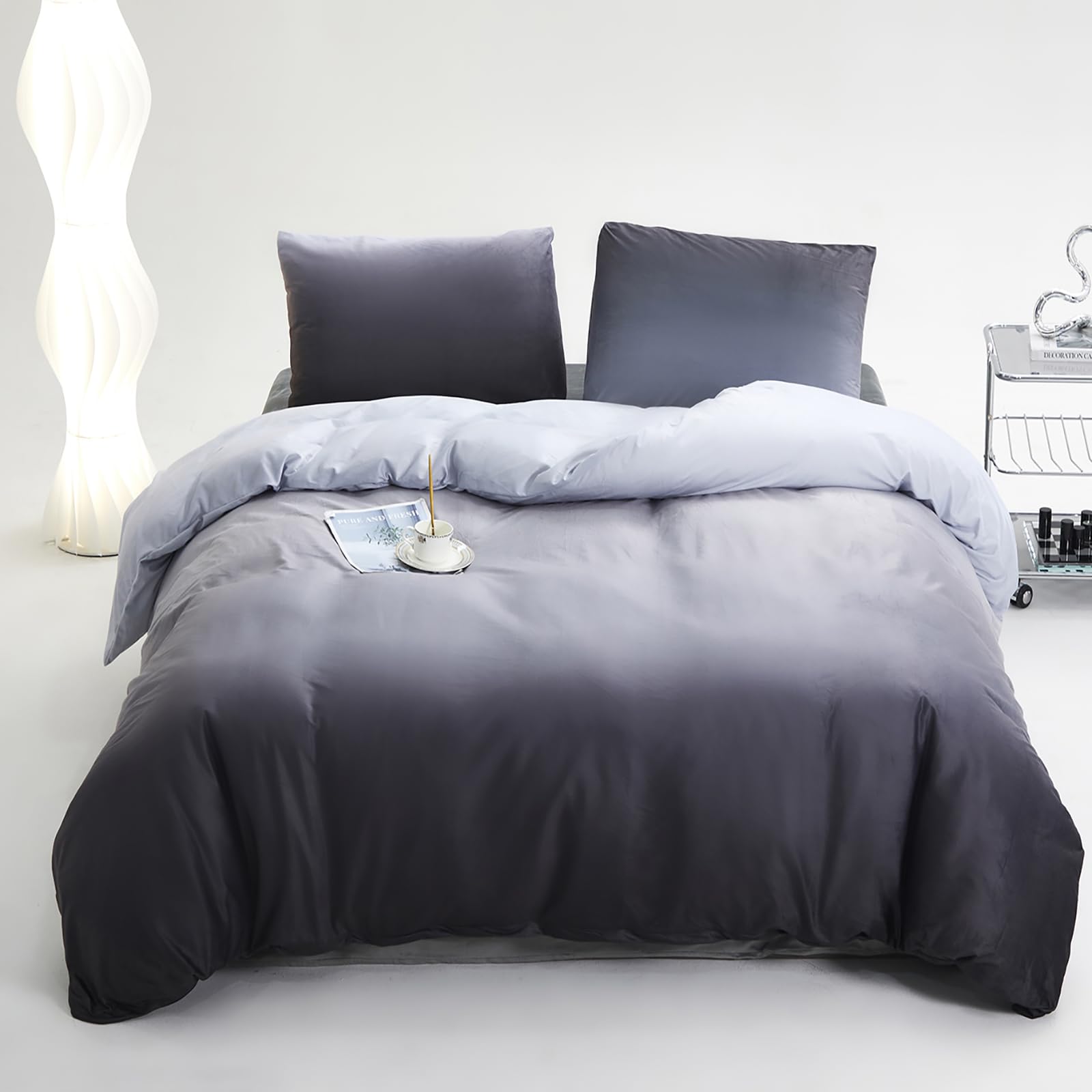 Luxlovery Velvet Comforter King Grey Gradient Fluffy Plush Flannel Bedding Set Full Men Boys Grey White Sherpa Micromink Ink Win