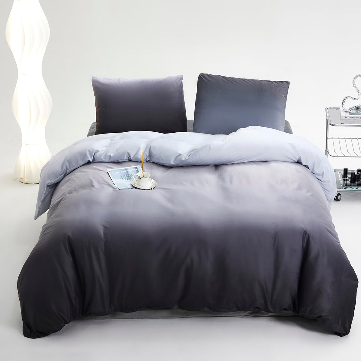 Luxlovery Grey Gradient Velvet Comforter Queen Fluffy Plush Flannel Bedding Set Queen Size Men Boys Grey White Sherpa Micromink