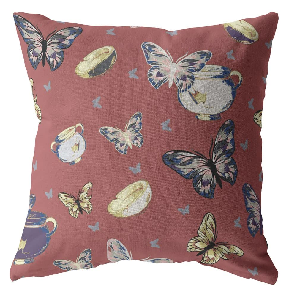 HomeRoots Muted Orange Broadcloth Copper Rose Butterflies Indoor Outdoor Zippered Throw Pillow